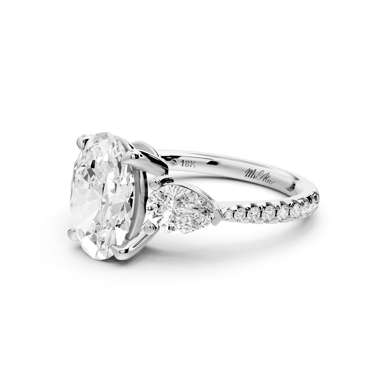 Alma - 2ct platinum oval center stone with two pear shaped diamonds and pavé. Three stone oval and pear Engagement ring with Pavé - Mr. Alex Jewelry