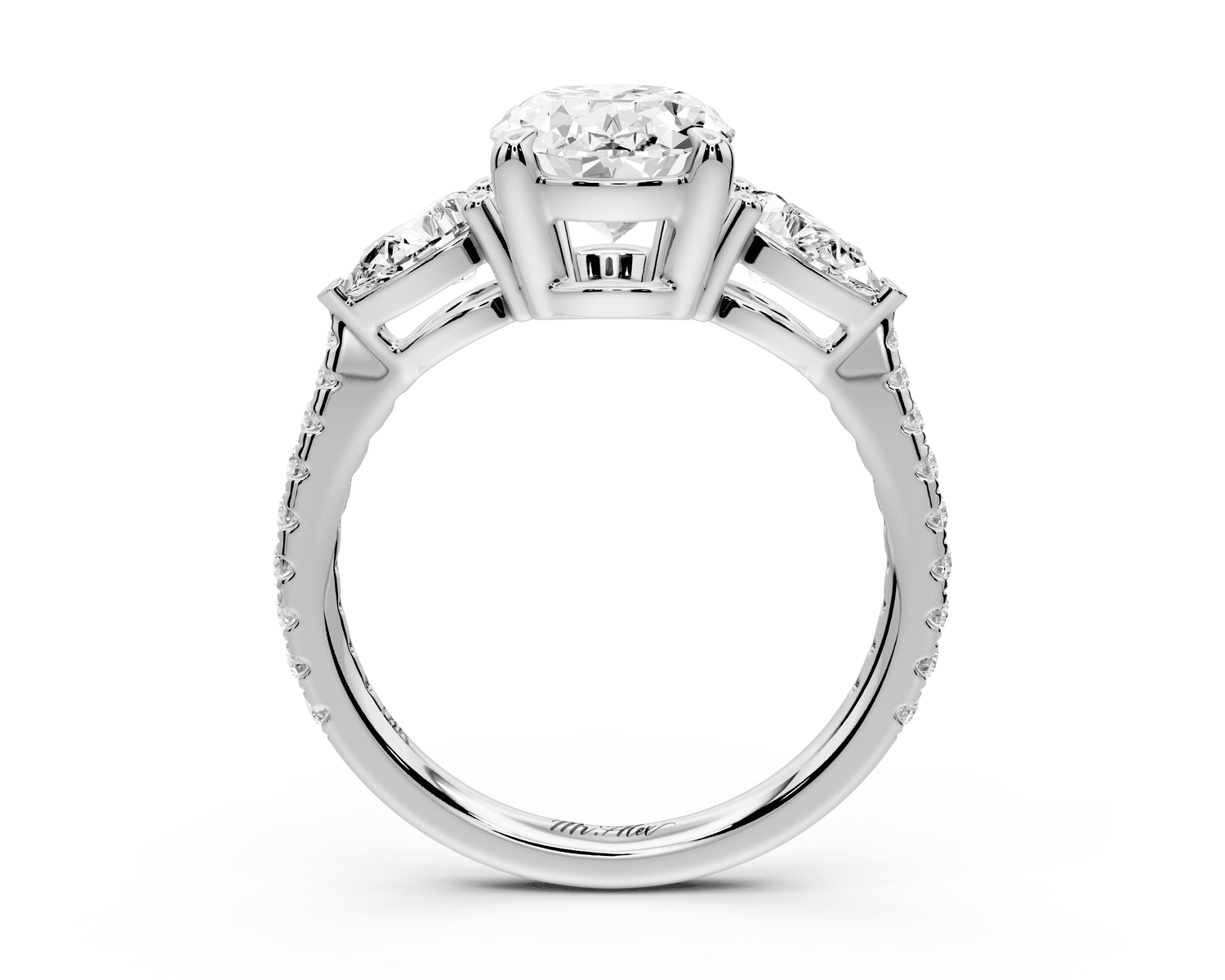 Alma - 2ct platinum oval center stone with two pear shaped diamonds and pavé. Three stone oval and pear Engagement ring with Pavé - Mr. Alex Jewelry