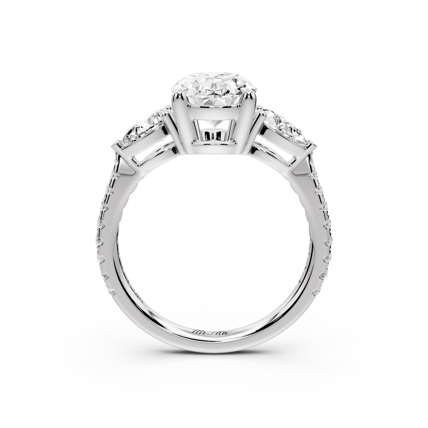 Alma - 2ct platinum oval center stone with two pear shaped diamonds and pavé. Three stone oval and pear Engagement ring with Pavé - Mr. Alex Jewelry