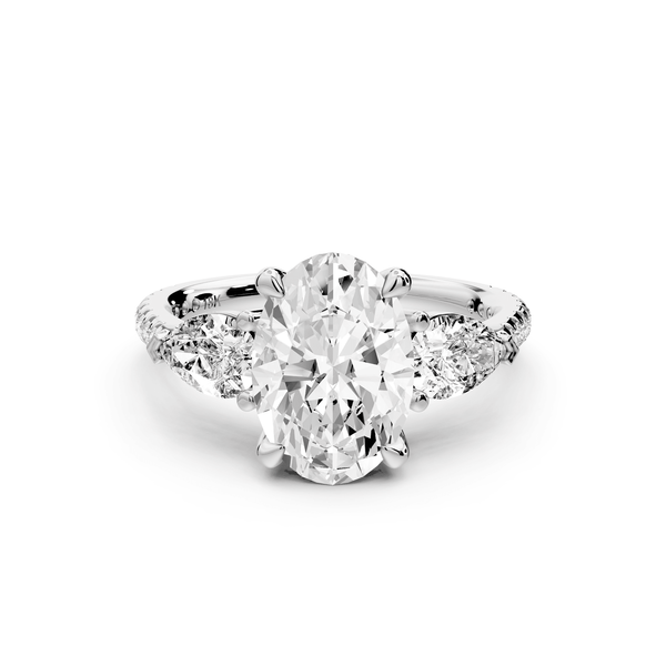 Alma - 2ct platinum oval center stone with two pear shaped diamonds and pavé. Three stone oval and pear Engagement ring with Pavé - Mr. Alex Jewelry