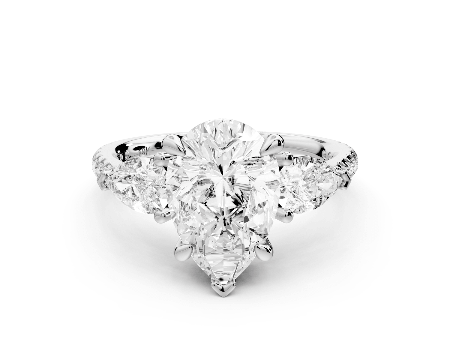 Alma - 2ct platinum pear center stone with two pear shaped diamonds and pavé. Three stone oval and pear Engagement ring with Pavé - Mr. Alex Jewelry