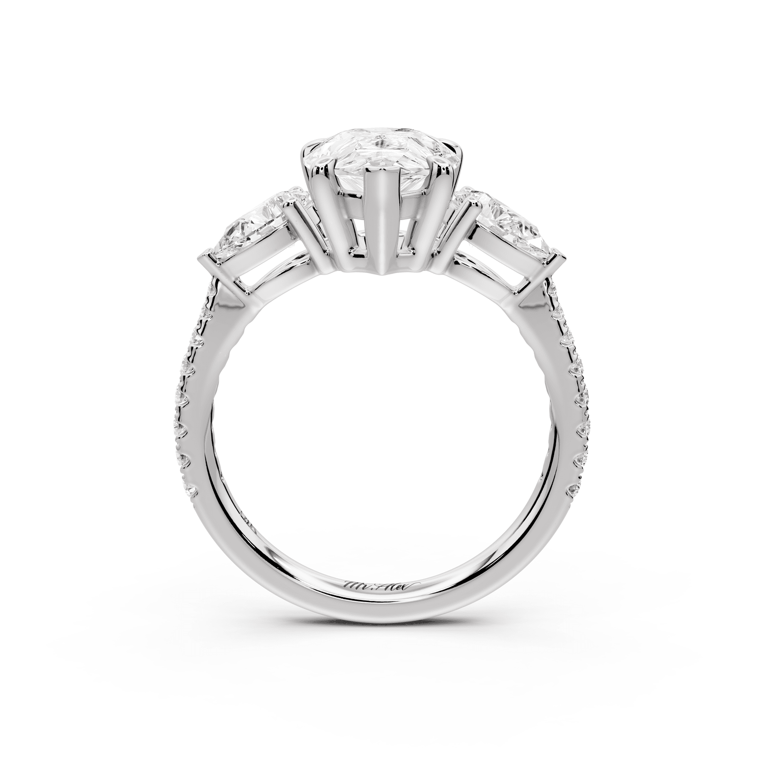 Alma - 2ct platinum pear center stone with two pear shaped diamonds and pavé. Three stone oval and pear Engagement ring with Pavé - Mr. Alex Jewelry