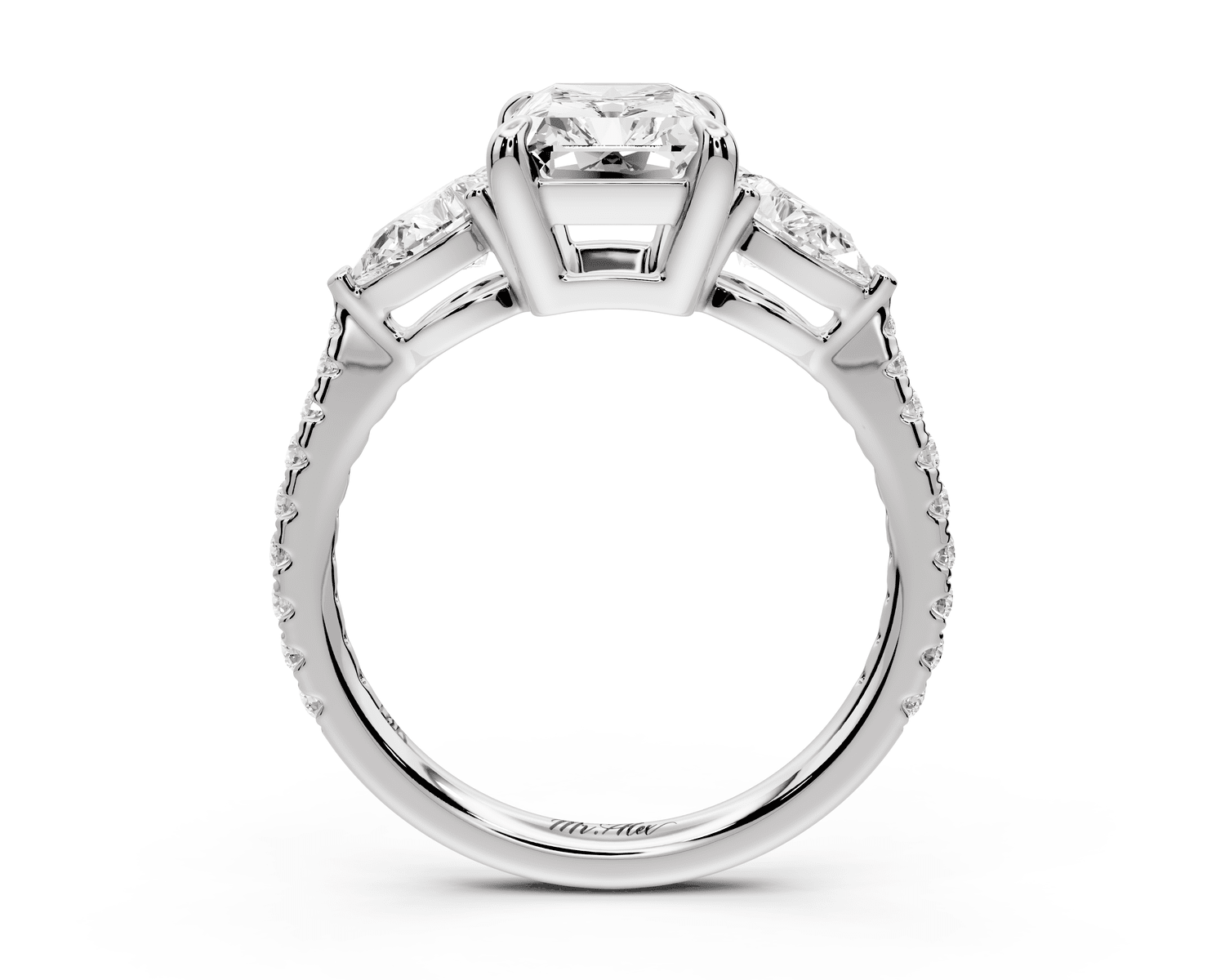 Alma - 2ct platinum radiant center stone with two pear shaped diamonds and pavé. Three stone oval and pear engagement ring with Pavé - Mr. Alex Jewelry