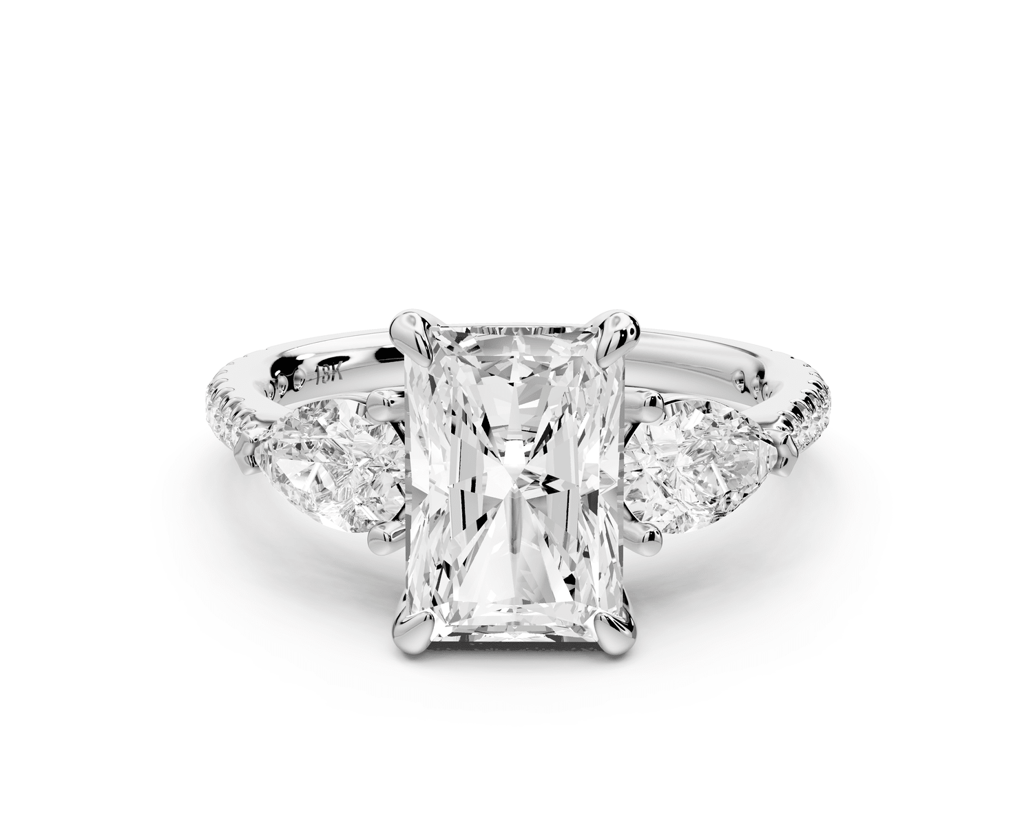 Alma - 2ct platinum radiant center stone with two pear shaped diamonds and pavé. Three stone oval and pear engagement ring with Pavé - Mr. Alex Jewelry