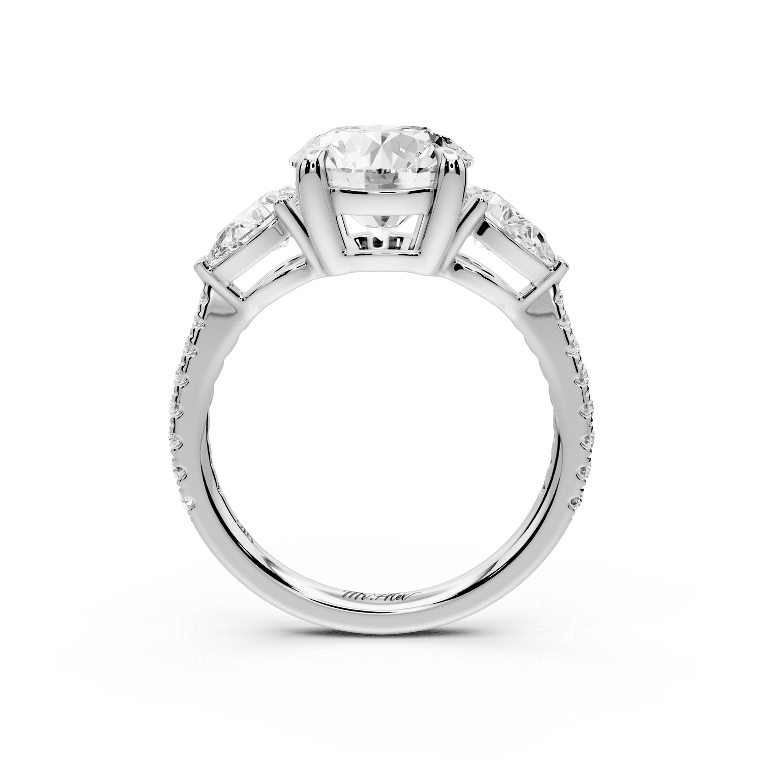 Alma - 2ct platinum round center stone with two pear shaped diamonds and pavé. Three stone oval and pear engagment ring with Pavé - Mr. Alex Jewelry
