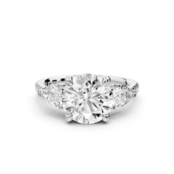 Alma - 2ct platinum round center stone with two pear shaped diamonds and pavé. Three stone oval and pear engagment ring with Pavé - Mr. Alex Jewelry