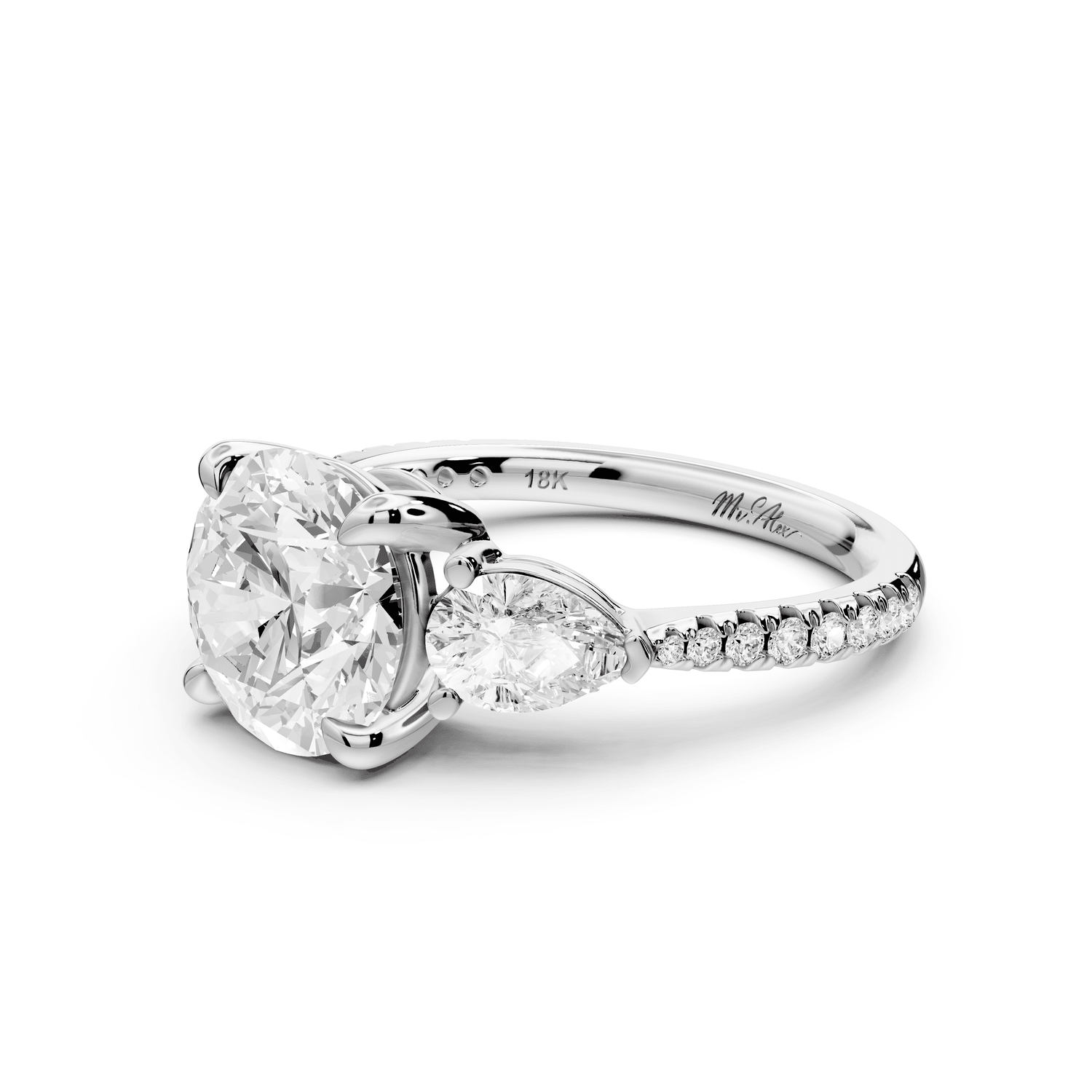 Alma - 2ct platinum round center stone with two pear shaped diamonds and pavé. Three stone oval and pear engagment ring with Pavé - Mr. Alex Jewelry