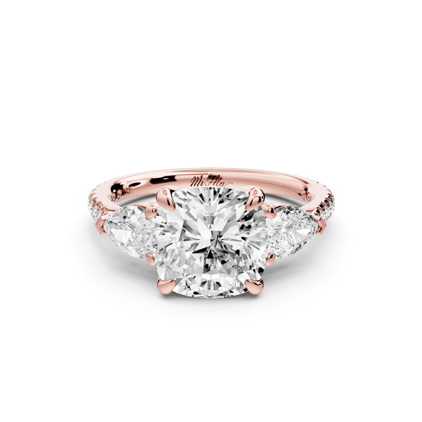 Alma - 3ct 14k rose gold cushion center stone with two pear shaped diamonds and pavé. Three stone oval and pear engagement ring with Pavé - Mr. Alex Jewelry