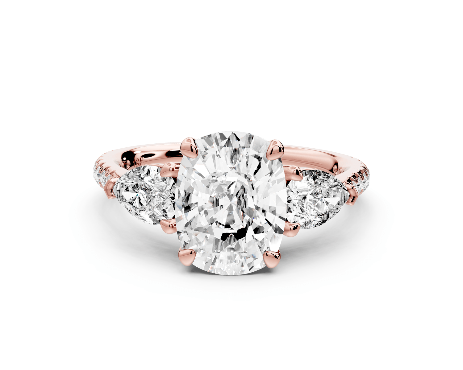 Alma - 3ct 14k rose gold ecushion center stone with two pear shaped diamonds and pavé. Three stone oval and pear engagement ring with Pavé - Mr. Alex Jewelry
