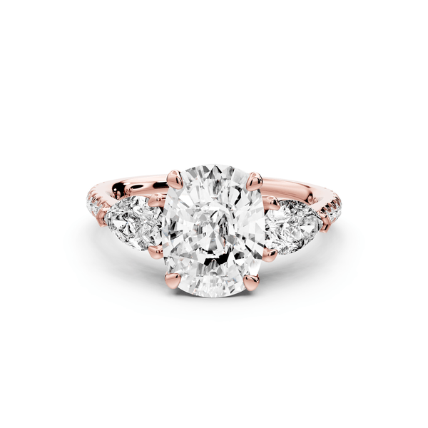 Alma - 3ct 14k rose gold ecushion center stone with two pear shaped diamonds and pavé. Three stone oval and pear engagement ring with Pavé - Mr. Alex Jewelry