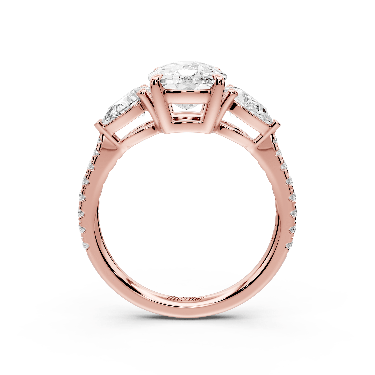 Alma - 3ct 14k rose gold ecushion center stone with two pear shaped diamonds and pavé. Three stone oval and pear engagement ring with Pavé - Mr. Alex Jewelry