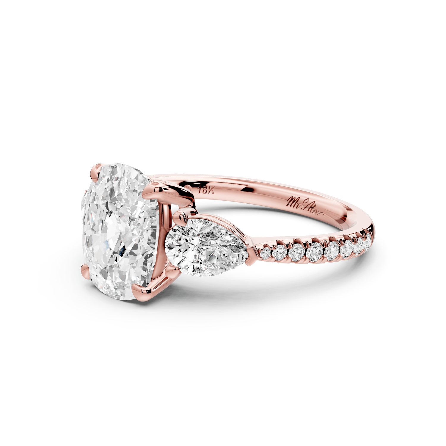 Alma - 3ct 14k rose gold ecushion center stone with two pear shaped diamonds and pavé. Three stone oval and pear engagement ring with Pavé - Mr. Alex Jewelry