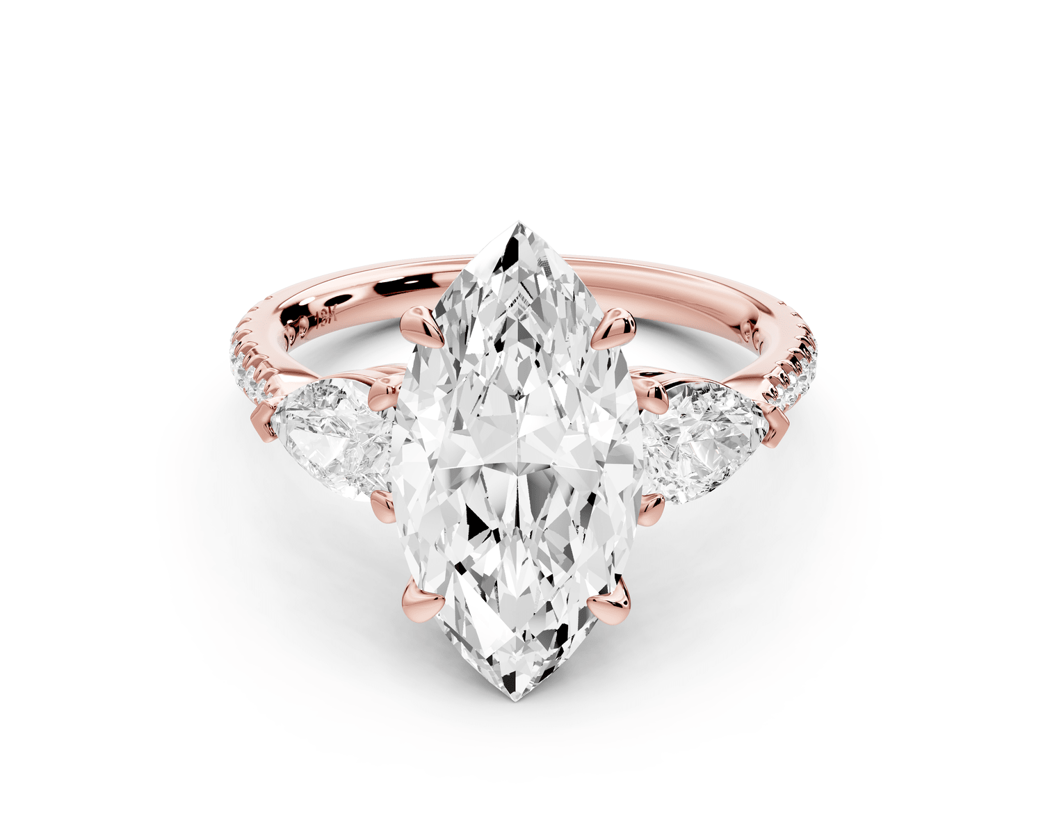 Alma - 3ct 14k rose gold marquise center stone with two pear shaped diamonds and pavé. Three stone oval and pear engagement ring with Pavé - Mr. Alex Jewelry