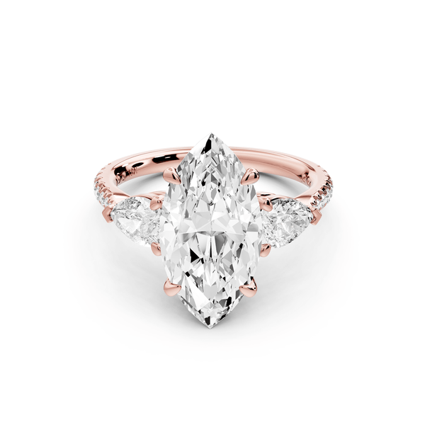 Alma - 3ct 14k rose gold marquise center stone with two pear shaped diamonds and pavé. Three stone oval and pear engagement ring with Pavé - Mr. Alex Jewelry