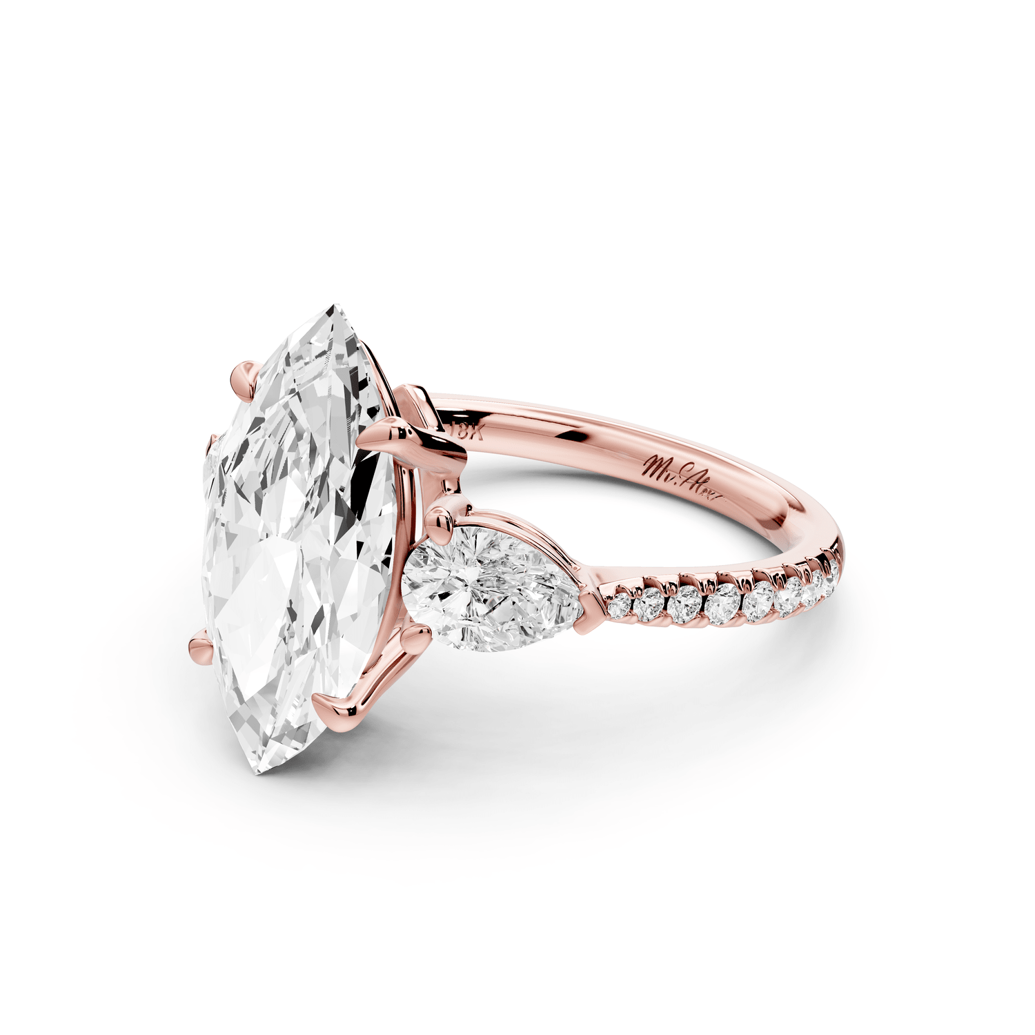 Alma - 3ct 14k rose gold marquise center stone with two pear shaped diamonds and pavé. Three stone oval and pear engagement ring with Pavé - Mr. Alex Jewelry
