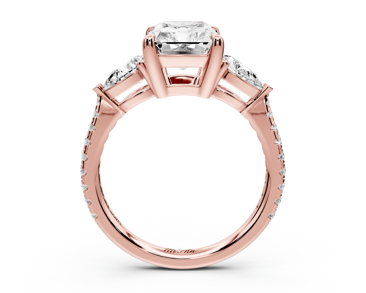 Alma - 3ct 14k rose gold radiant center stone with two pear shaped diamonds and pavé. Three stone oval and pear engagement ring with Pavé - Mr. Alex Jewelry