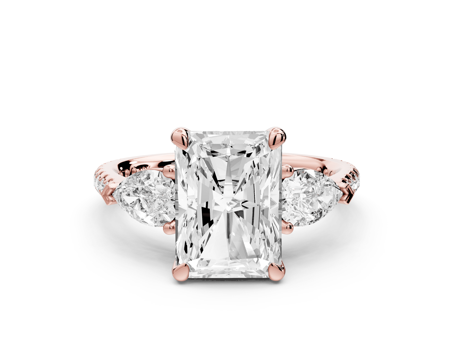 Alma - 3ct 14k rose gold radiant center stone with two pear shaped diamonds and pavé. Three stone oval and pear engagement ring with Pavé - Mr. Alex Jewelry
