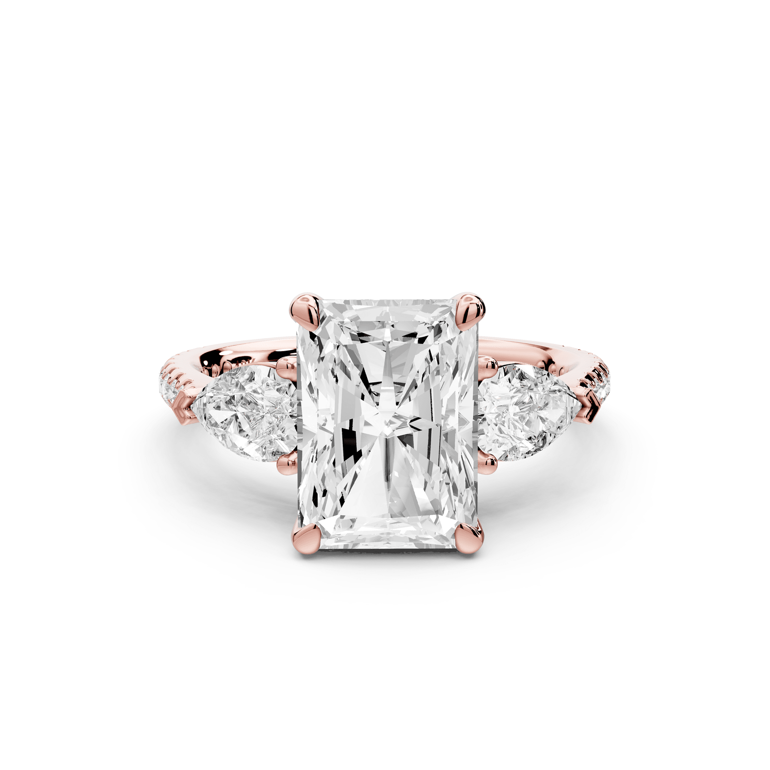 Alma - 3ct 14k rose gold radiant center stone with two pear shaped diamonds and pavé. Three stone oval and pear engagement ring with Pavé - Mr. Alex Jewelry