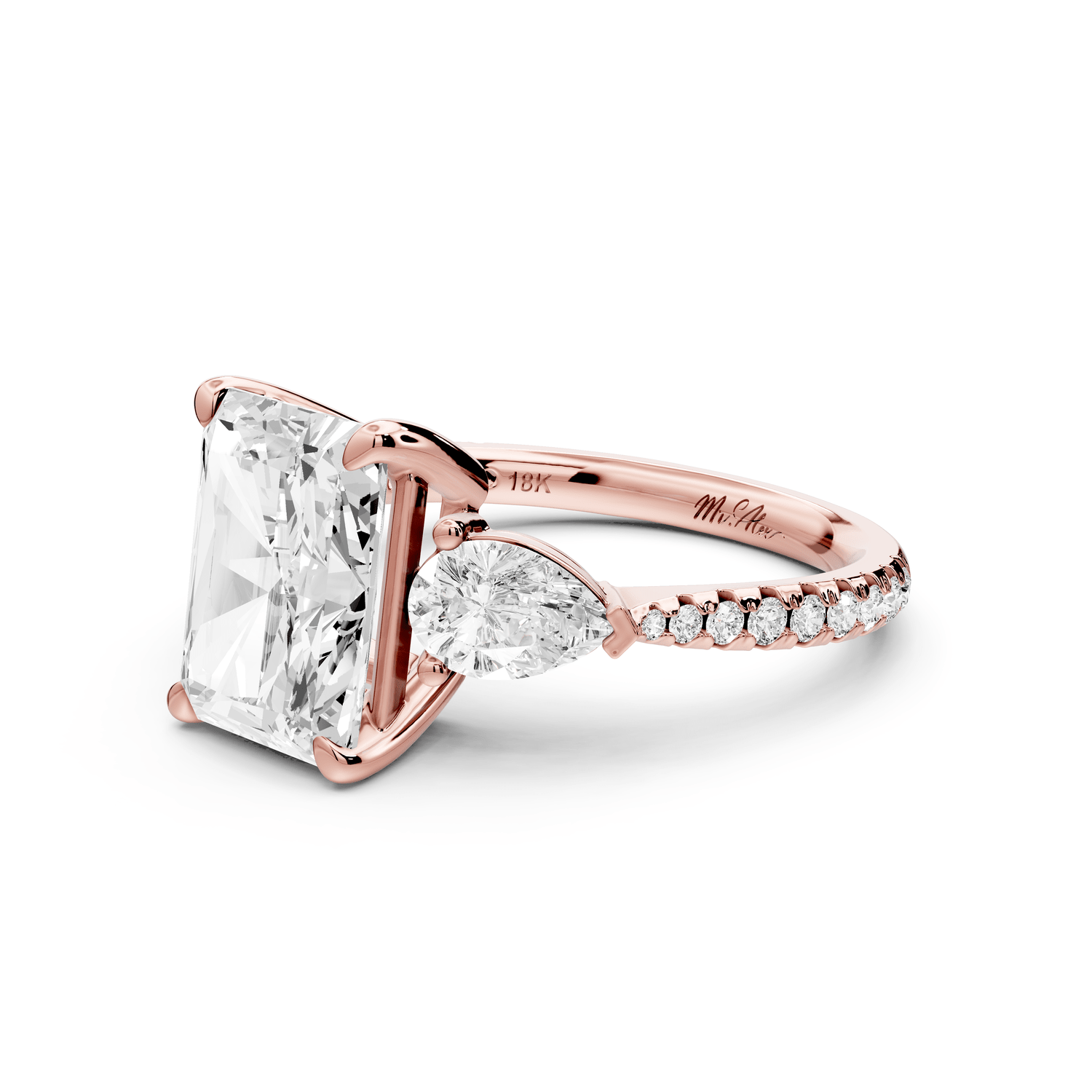 Alma - 3ct 14k rose gold radiant center stone with two pear shaped diamonds and pavé. Three stone oval and pear engagement ring with Pavé - Mr. Alex Jewelry