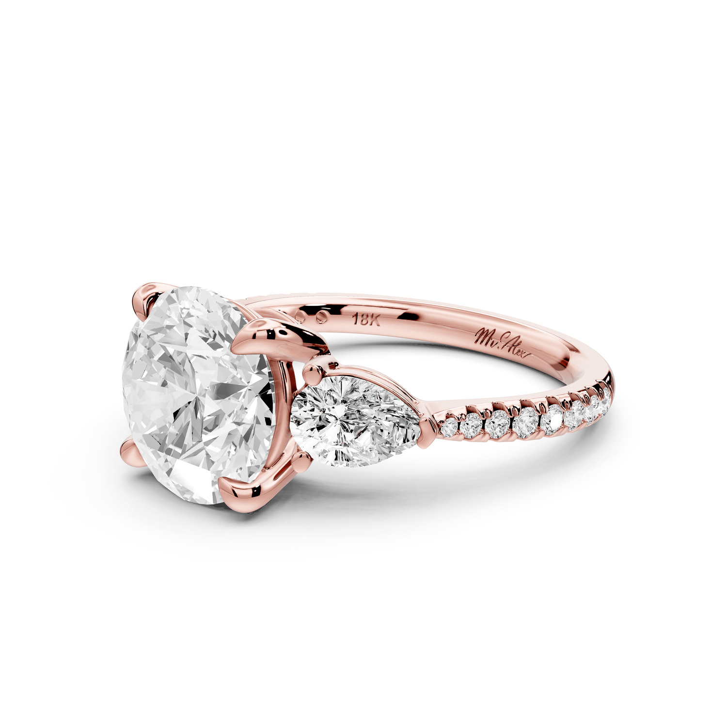 Alma - 3ct 14k rose gold round center stone with two pear shaped diamonds and pavé. Three stone oval and pear engagment ring with Pavé - Mr. Alex Jewelry