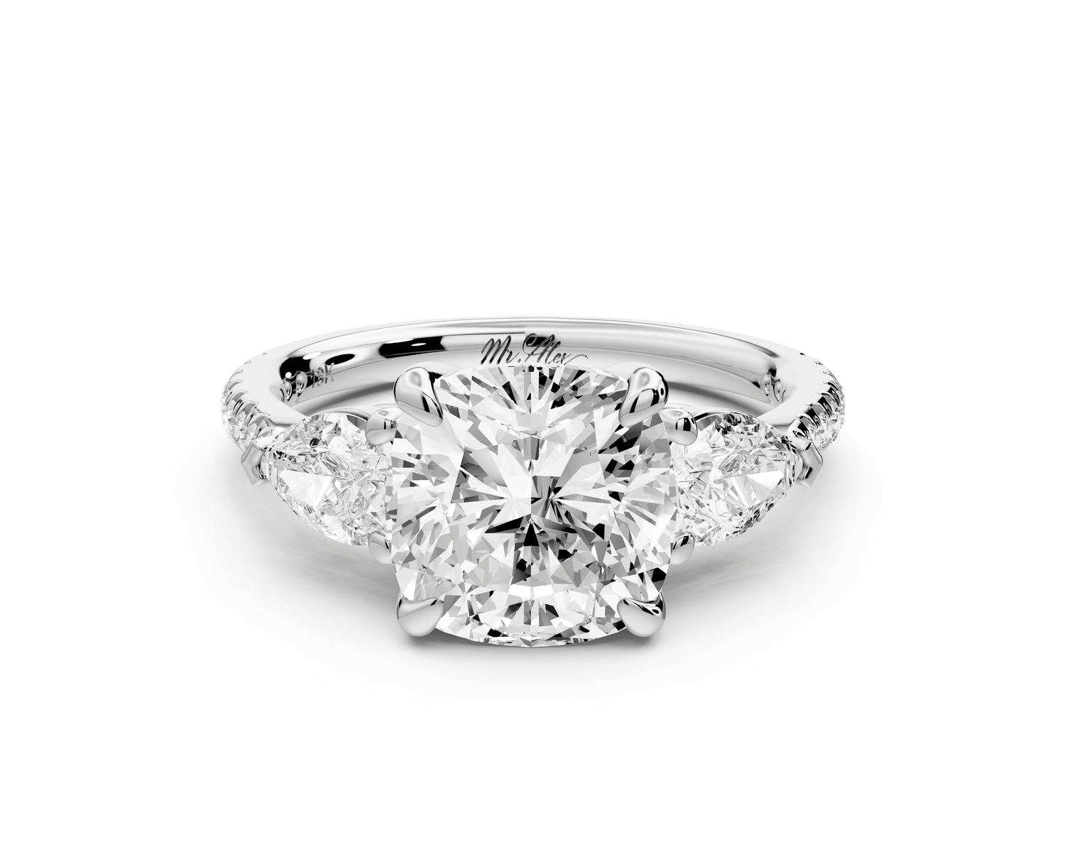 Alma - 3ct 14k white gold cushion center stone with two pear shaped diamonds and pavé. Three stone oval and pear engagement ring with Pavé - Mr. Alex Jewelry