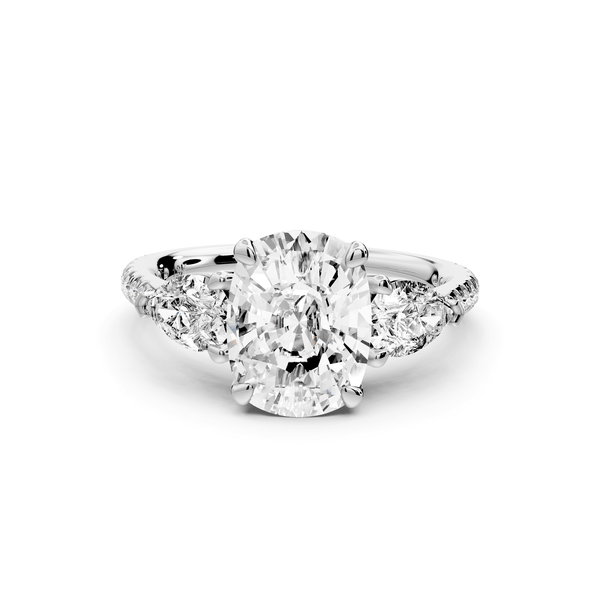 Alma - 3ct 14k white gold ecushion center stone with two pear shaped diamonds and pavé. Three stone oval and pear engagement ring with Pavé - Mr. Alex Jewelry