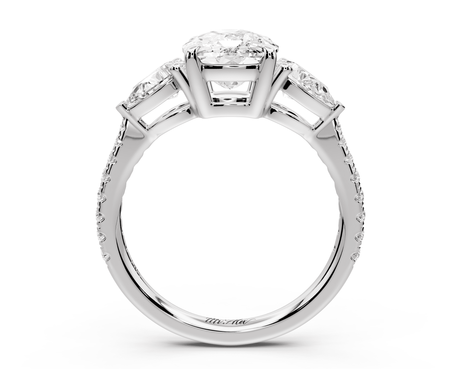 Alma - 3ct 14k white gold ecushion center stone with two pear shaped diamonds and pavé. Three stone oval and pear engagement ring with Pavé - Mr. Alex Jewelry