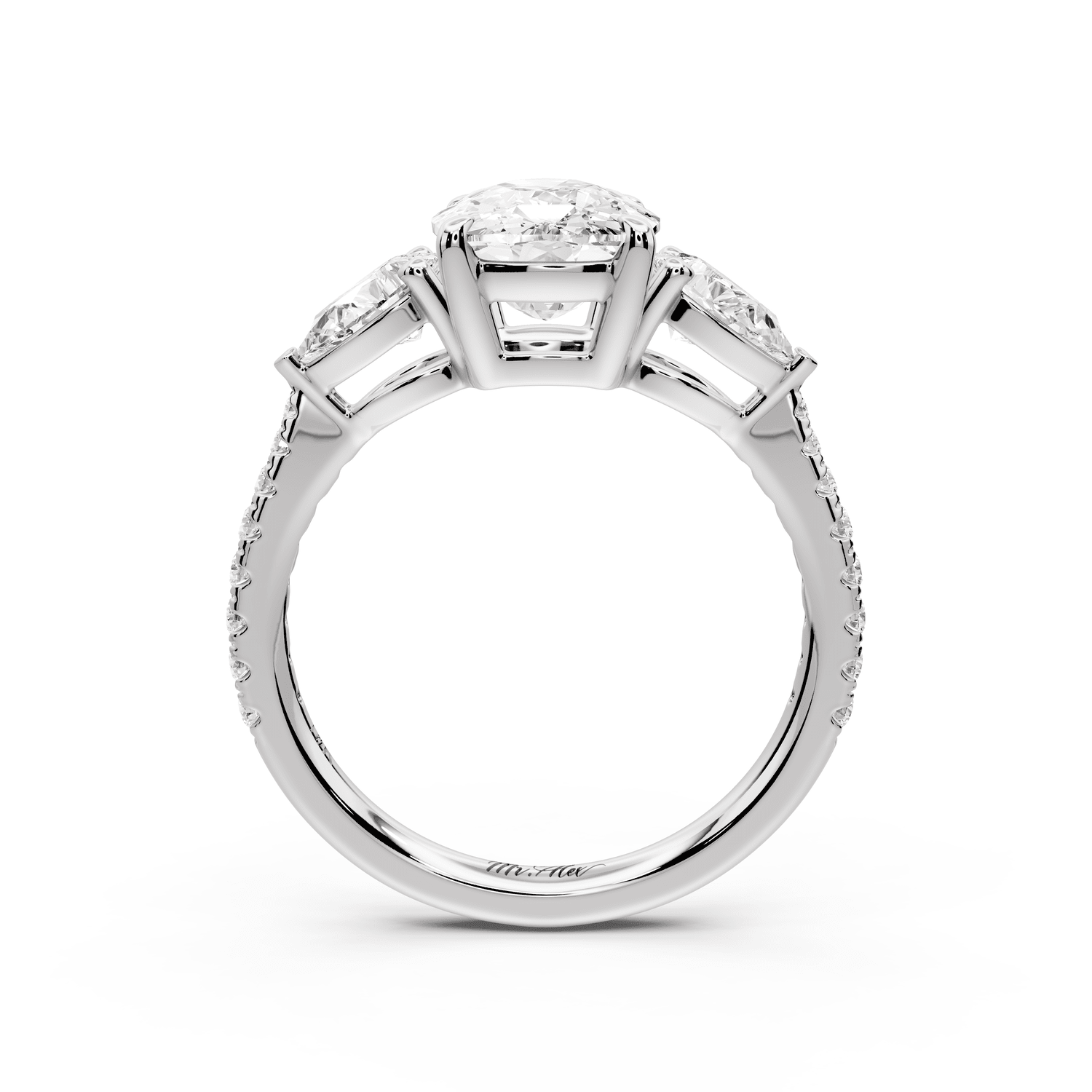 Alma - 3ct 14k white gold ecushion center stone with two pear shaped diamonds and pavé. Three stone oval and pear engagement ring with Pavé - Mr. Alex Jewelry