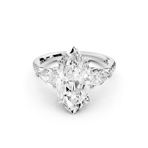 Alma - 3ct 14k white gold marquise center stone with two pear shaped diamonds and pavé. Three stone oval and pear engagement ring with Pavé - Mr. Alex Jewelry