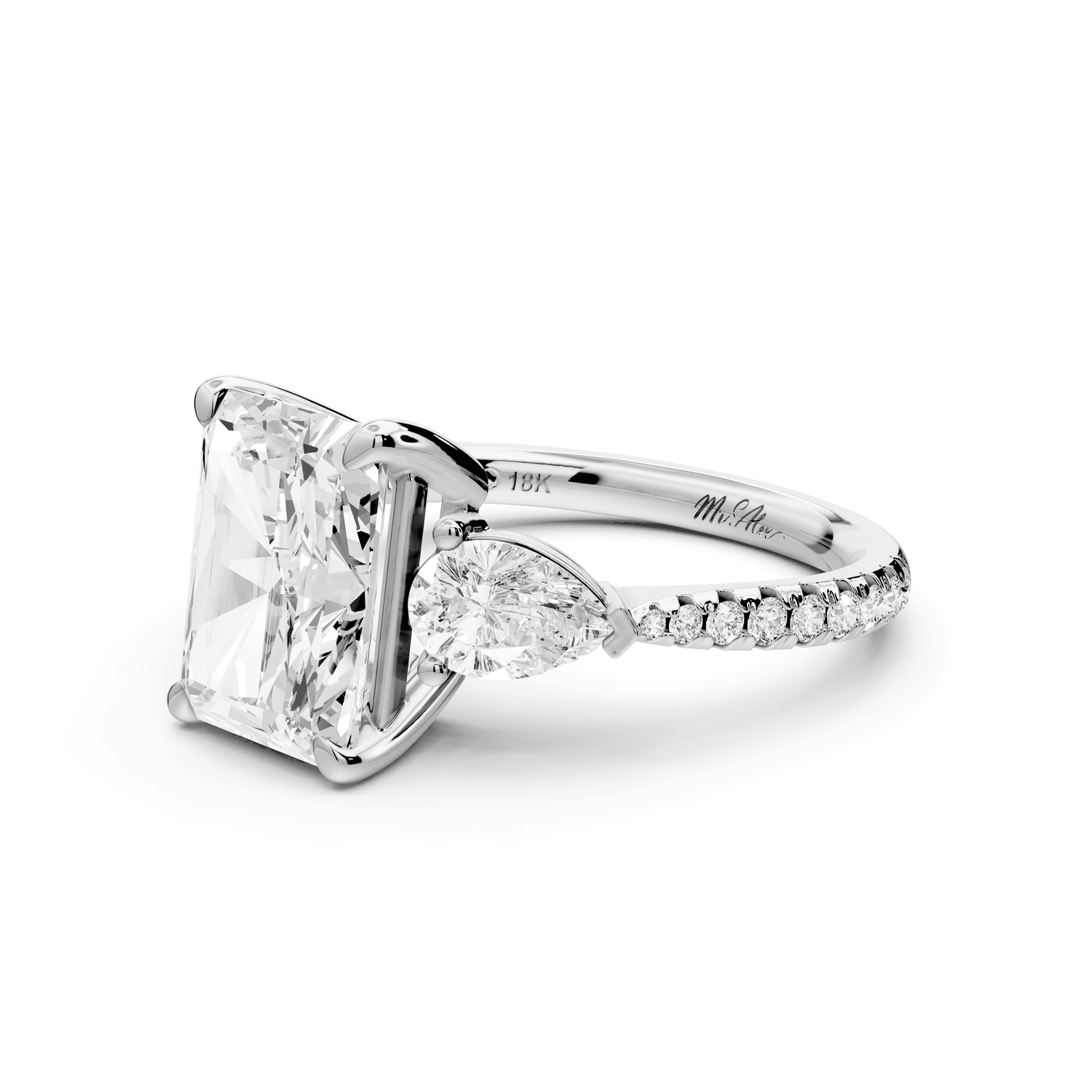 Alma - 3ct 14k white gold radiant center stone with two pear shaped diamonds and pavé. Three stone oval and pear engagement ring with Pavé - Mr. Alex Jewelry