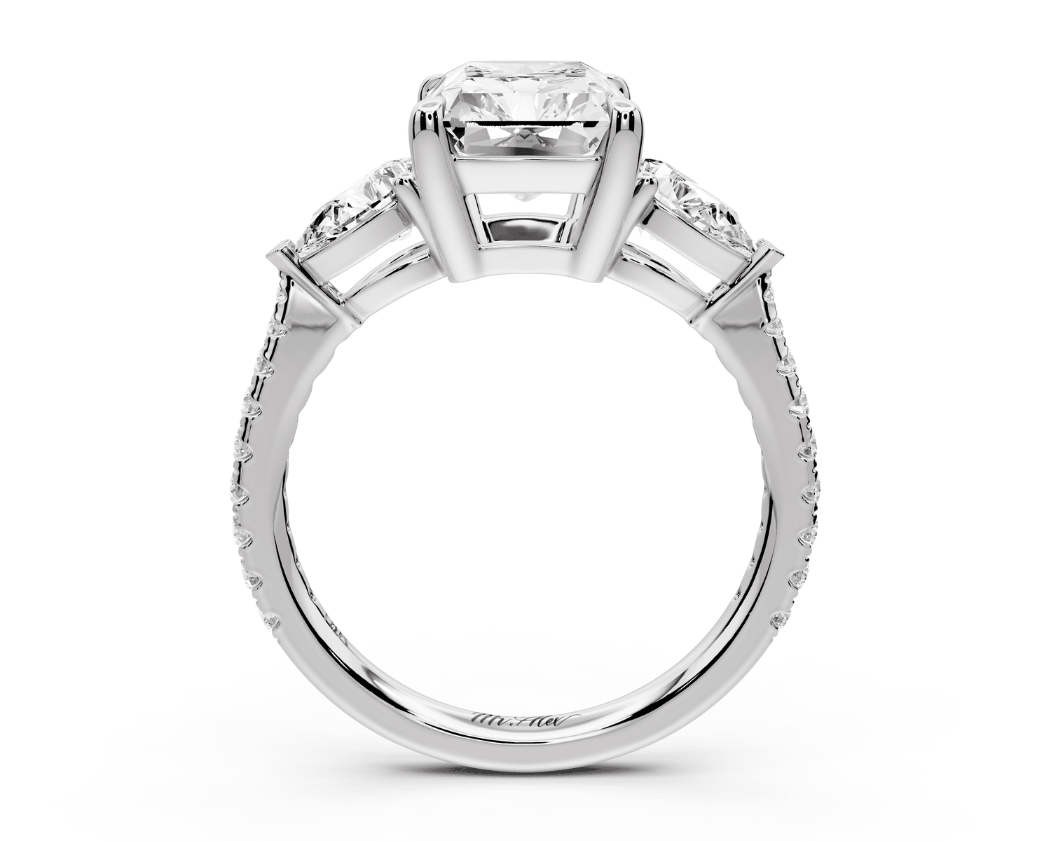 Alma - 3ct 14k white gold radiant center stone with two pear shaped diamonds and pavé. Three stone oval and pear engagement ring with Pavé - Mr. Alex Jewelry