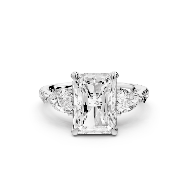 Alma - 3ct 14k white gold radiant center stone with two pear shaped diamonds and pavé. Three stone oval and pear engagement ring with Pavé - Mr. Alex Jewelry