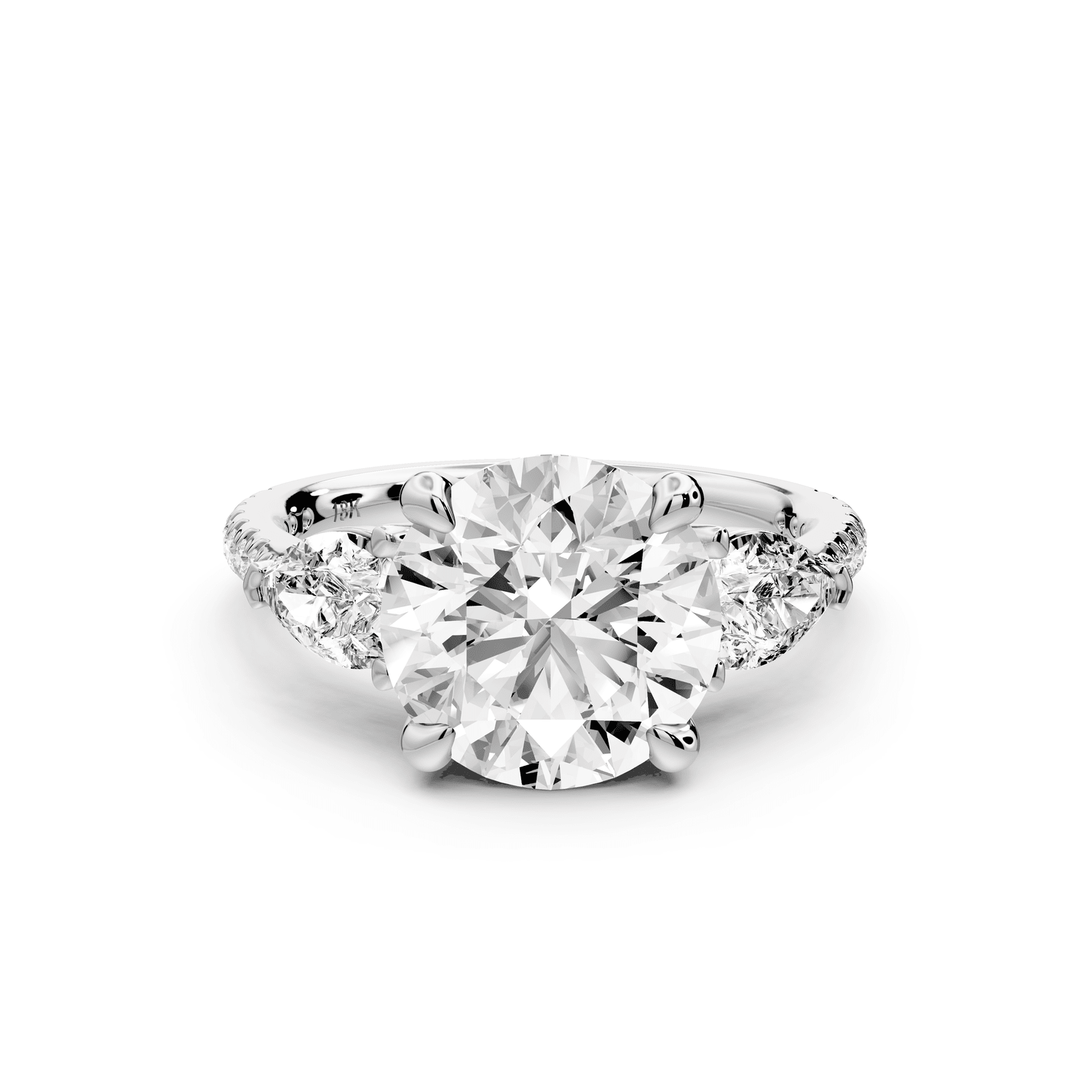 Alma - 3ct 14k white gold round center stone with two pear shaped diamonds and pavé. Three stone oval and pear engagment ring with Pavé - Mr. Alex Jewelry