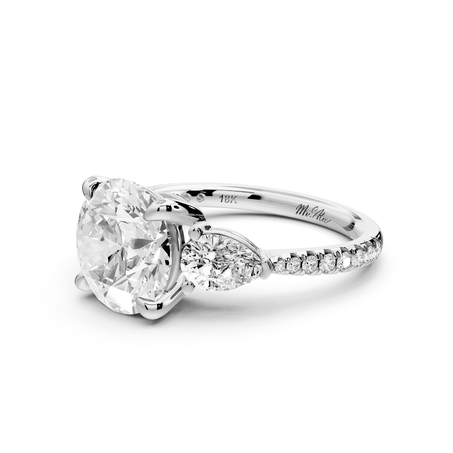 Alma - 3ct 14k white gold round center stone with two pear shaped diamonds and pavé. Three stone oval and pear engagment ring with Pavé - Mr. Alex Jewelry