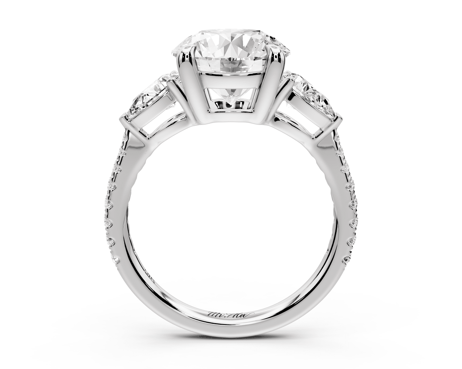 Alma - 3ct 14k white gold round center stone with two pear shaped diamonds and pavé. Three stone oval and pear engagment ring with Pavé - Mr. Alex Jewelry