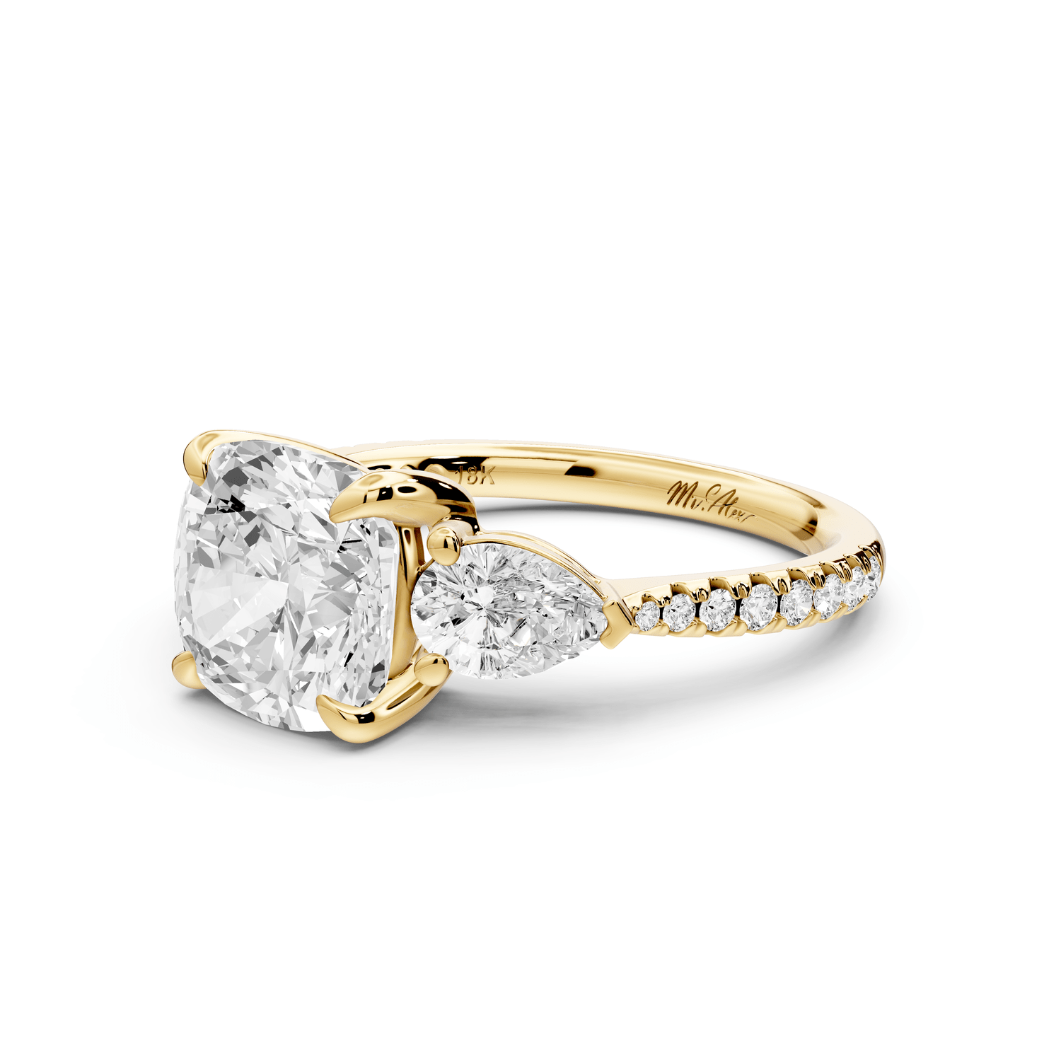 Alma - 3ct 14k yellow gold cushion center stone with two pear shaped diamonds and pavé. Three stone oval and pear engagement ring with Pavé - Mr. Alex Jewelry