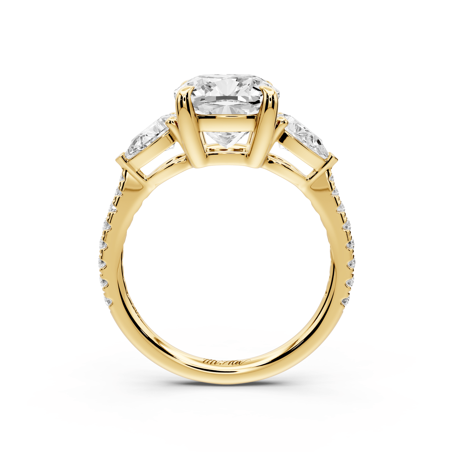 Alma - 3ct 14k yellow gold cushion center stone with two pear shaped diamonds and pavé. Three stone oval and pear engagement ring with Pavé - Mr. Alex Jewelry
