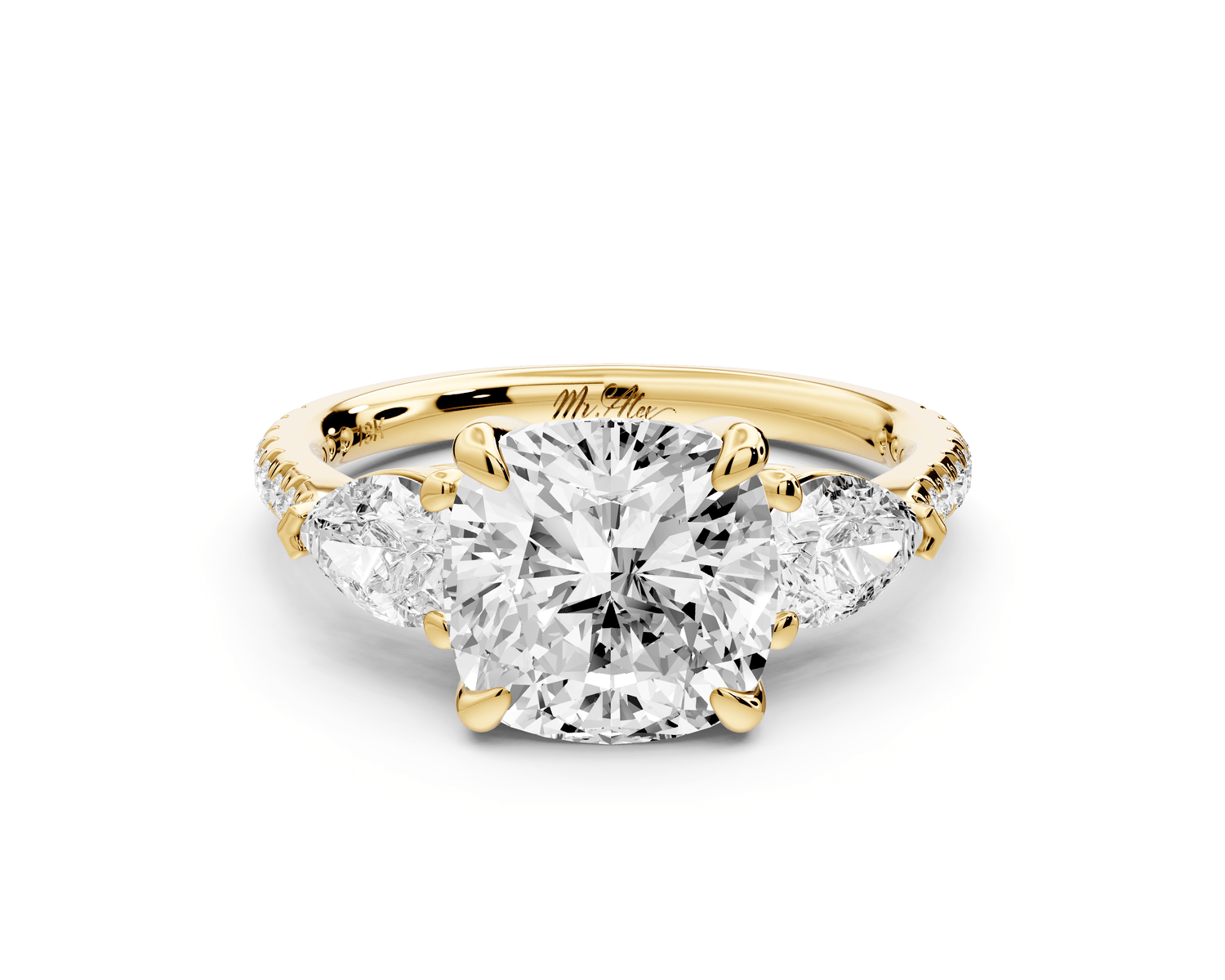 Alma - 3ct 14k yellow gold cushion center stone with two pear shaped diamonds and pavé. Three stone oval and pear engagement ring with Pavé - Mr. Alex Jewelry