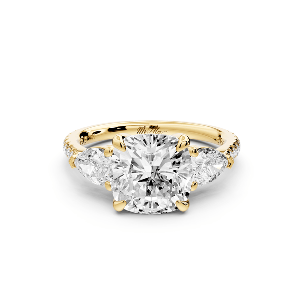 Alma - 3ct 14k yellow gold cushion center stone with two pear shaped diamonds and pavé. Three stone oval and pear engagement ring with Pavé - Mr. Alex Jewelry