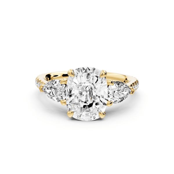 Alma - 3ct 14k yellow gold ecushion center stone with two pear shaped diamonds and pavé. Three stone oval and pear engagement ring with Pavé - Mr. Alex Jewelry