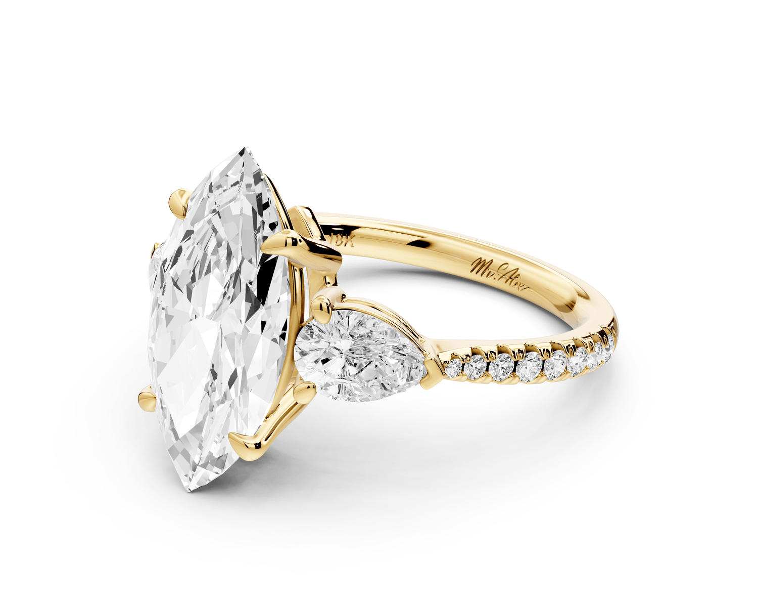 Alma - 3ct 14k yellow gold marquise center stone with two pear shaped diamonds and pavé. Three stone oval and pear engagement ring with Pavé - Mr. Alex Jewelry