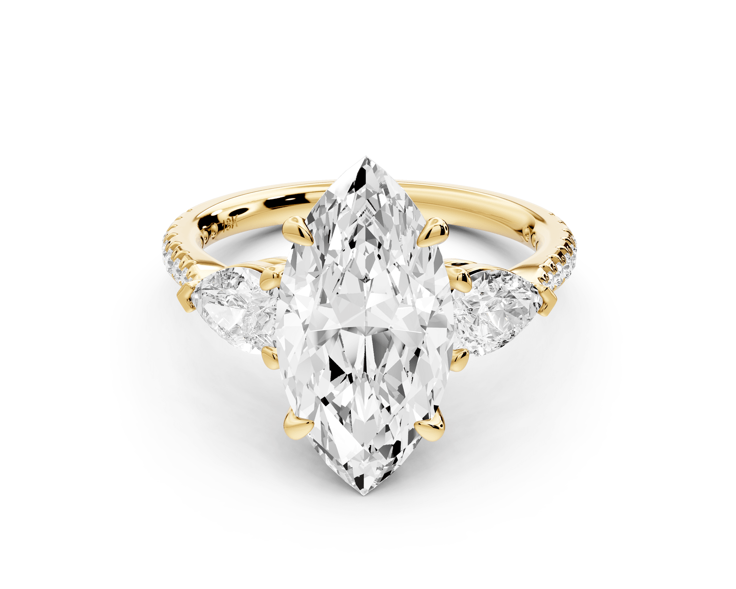 Alma - 3ct 14k yellow gold marquise center stone with two pear shaped diamonds and pavé. Three stone oval and pear engagement ring with Pavé - Mr. Alex Jewelry