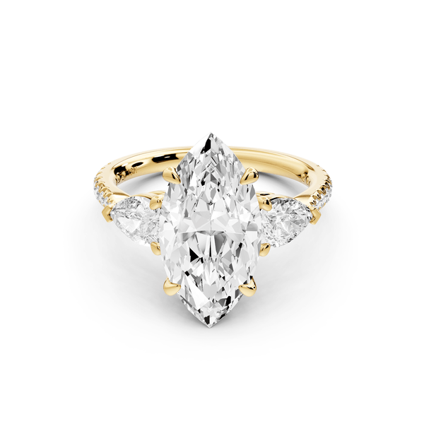 Alma - 3ct 14k yellow gold marquise center stone with two pear shaped diamonds and pavé. Three stone oval and pear engagement ring with Pavé - Mr. Alex Jewelry