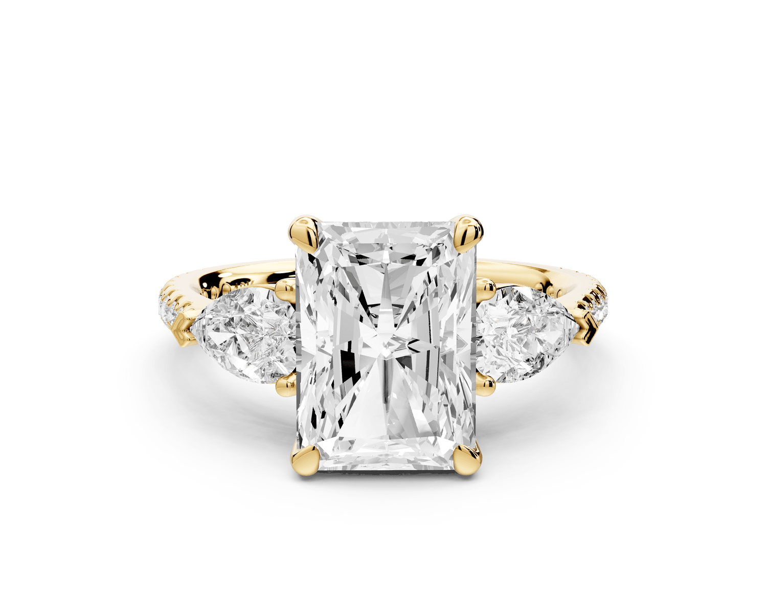 Alma - 3ct 14k yellow gold radiant center stone with two pear shaped diamonds and pavé. Three stone oval and pear engagement ring with Pavé - Mr. Alex Jewelry