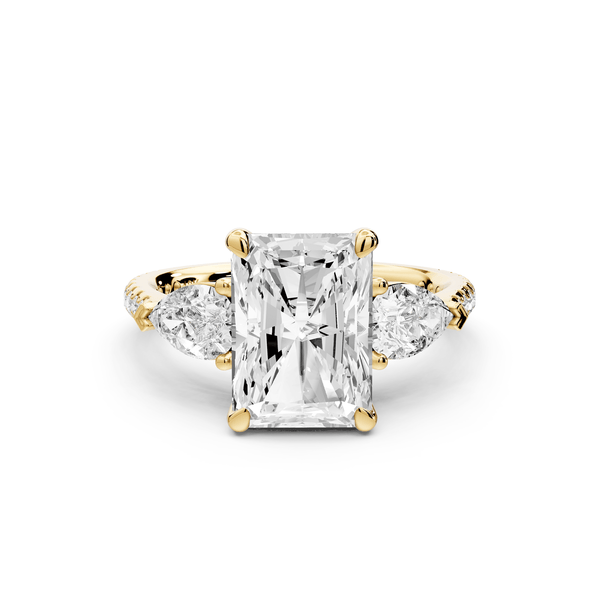 Alma - 3ct 14k yellow gold radiant center stone with two pear shaped diamonds and pavé. Three stone oval and pear engagement ring with Pavé - Mr. Alex Jewelry