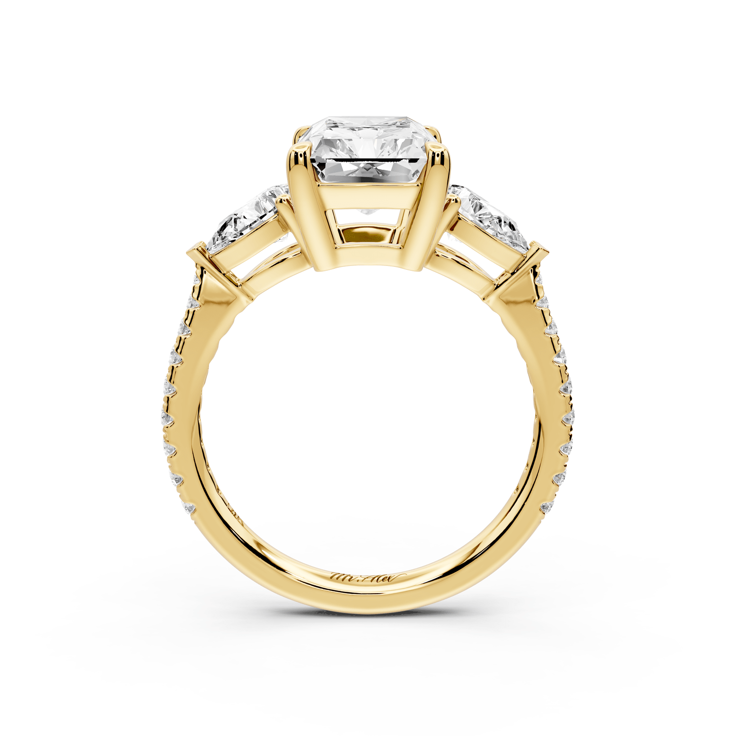 Alma - 3ct 14k yellow gold radiant center stone with two pear shaped diamonds and pavé. Three stone oval and pear engagement ring with Pavé - Mr. Alex Jewelry