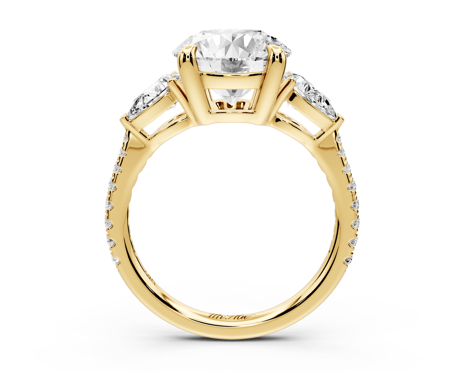 Alma - 3ct 14k yellow gold round center stone with two pear shaped diamonds and pavé. Three stone oval and pear engagment ring with Pavé - Mr. Alex Jewelry