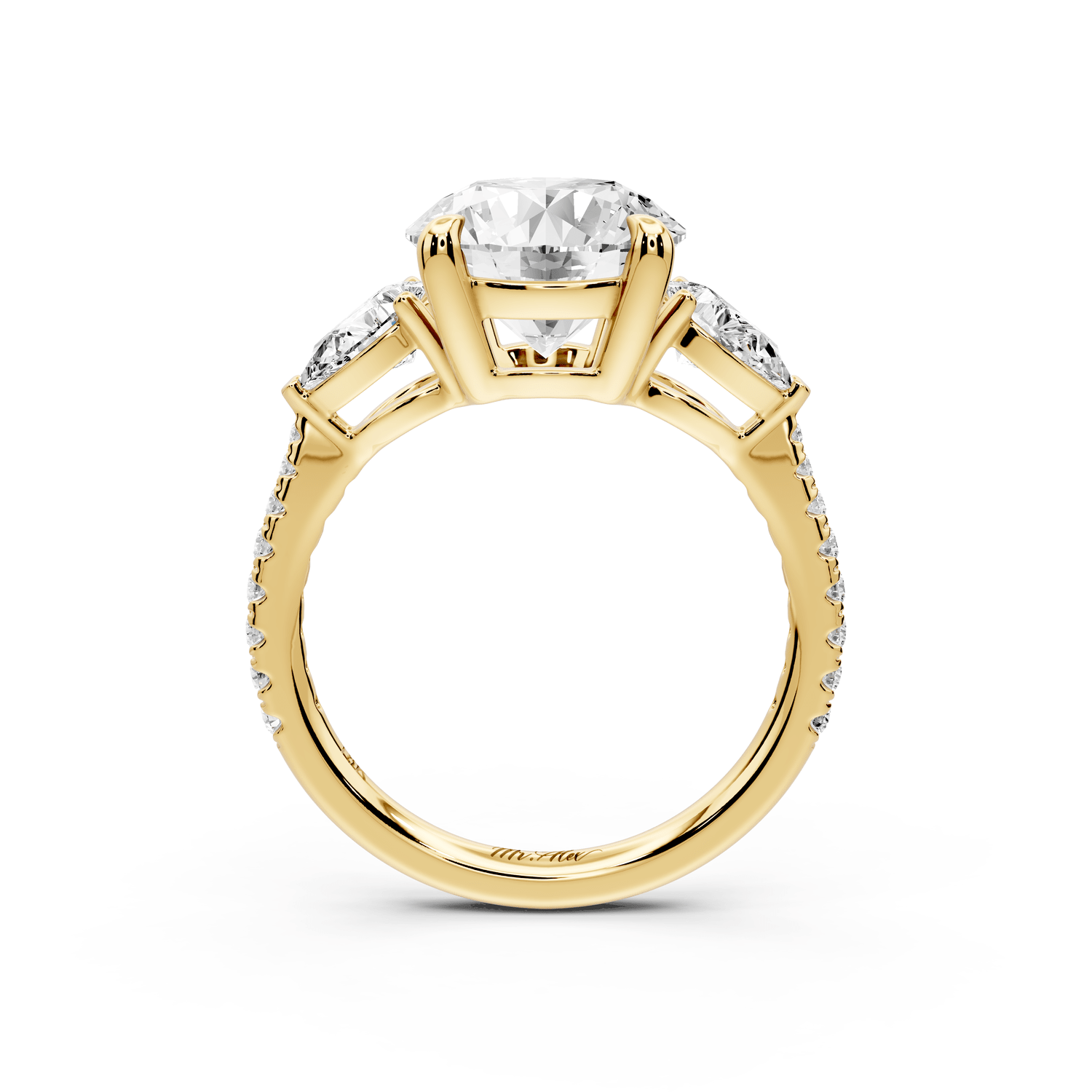 Alma - 3ct 14k yellow gold round center stone with two pear shaped diamonds and pavé. Three stone oval and pear engagment ring with Pavé - Mr. Alex Jewelry