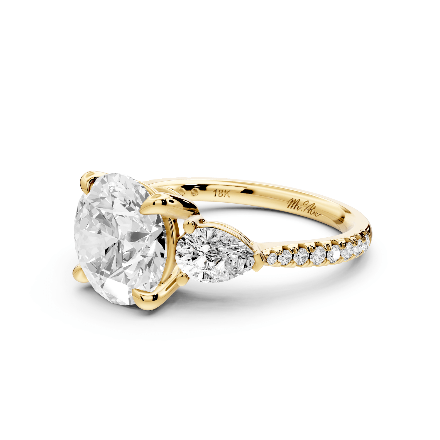 Alma - 3ct 14k yellow gold round center stone with two pear shaped diamonds and pavé. Three stone oval and pear engagment ring with Pavé - Mr. Alex Jewelry