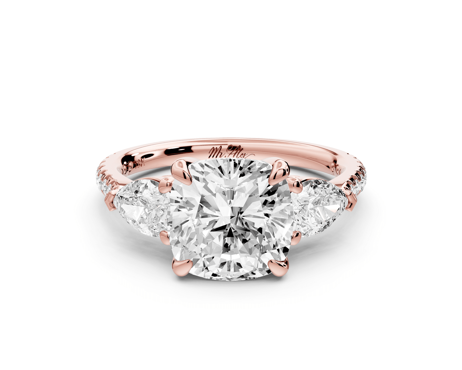 Alma - 3ct 18k rose gold cushion center stone with two pear shaped diamonds and pavé. Three stone oval and pear engagement ring with Pavé - Mr. Alex Jewelry